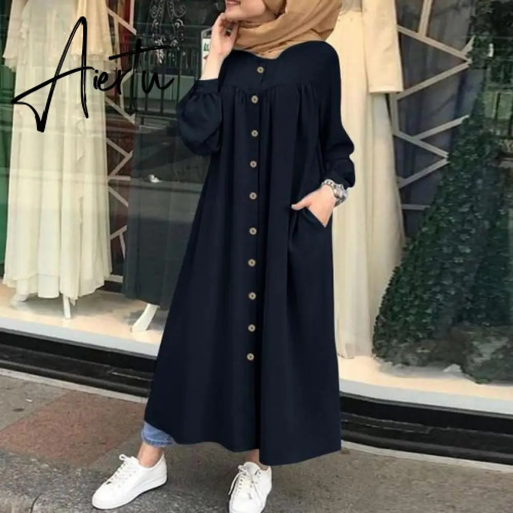 Muslim Dress Woman hijab Shirt Dress Long Sleeve Maxi Vestidos Female Button Robe femme musulman High Wasit Solid Sundress Aiertu