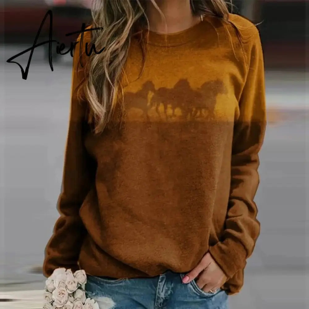 New Animal Horse Print Women Sweatshirt Fashion Elegant O Neck Women Tops Pullover Autumn Winter Casual Long Sleeve Blouse Aiertu