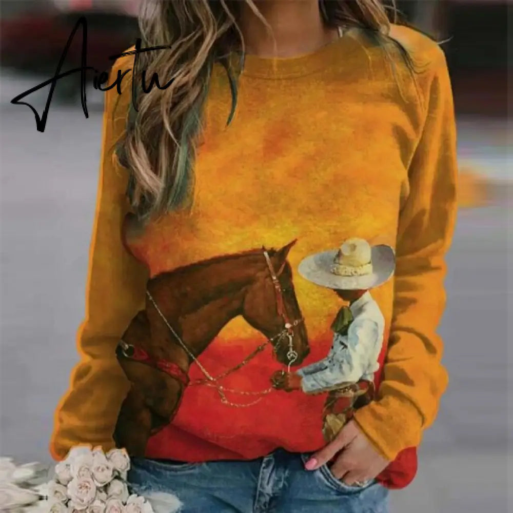New Animal Horse Print Women Sweatshirt Fashion Elegant O Neck Women Tops Pullover Autumn Winter Casual Long Sleeve Blouse Aiertu