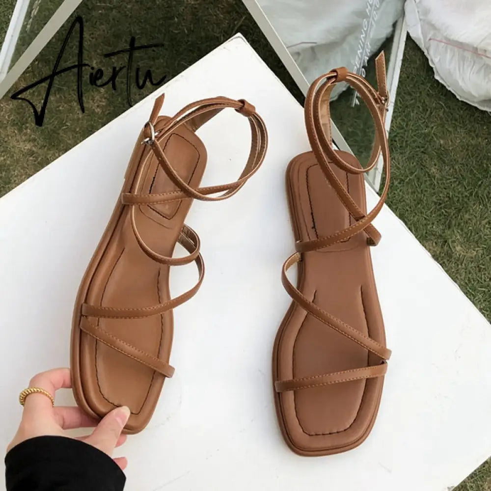 New Fashion Women Sandals Flat Heel Narrow Band Back Strap Summer Gladiator Shoes Ladies Casual Summer Beach Slides Aiertu