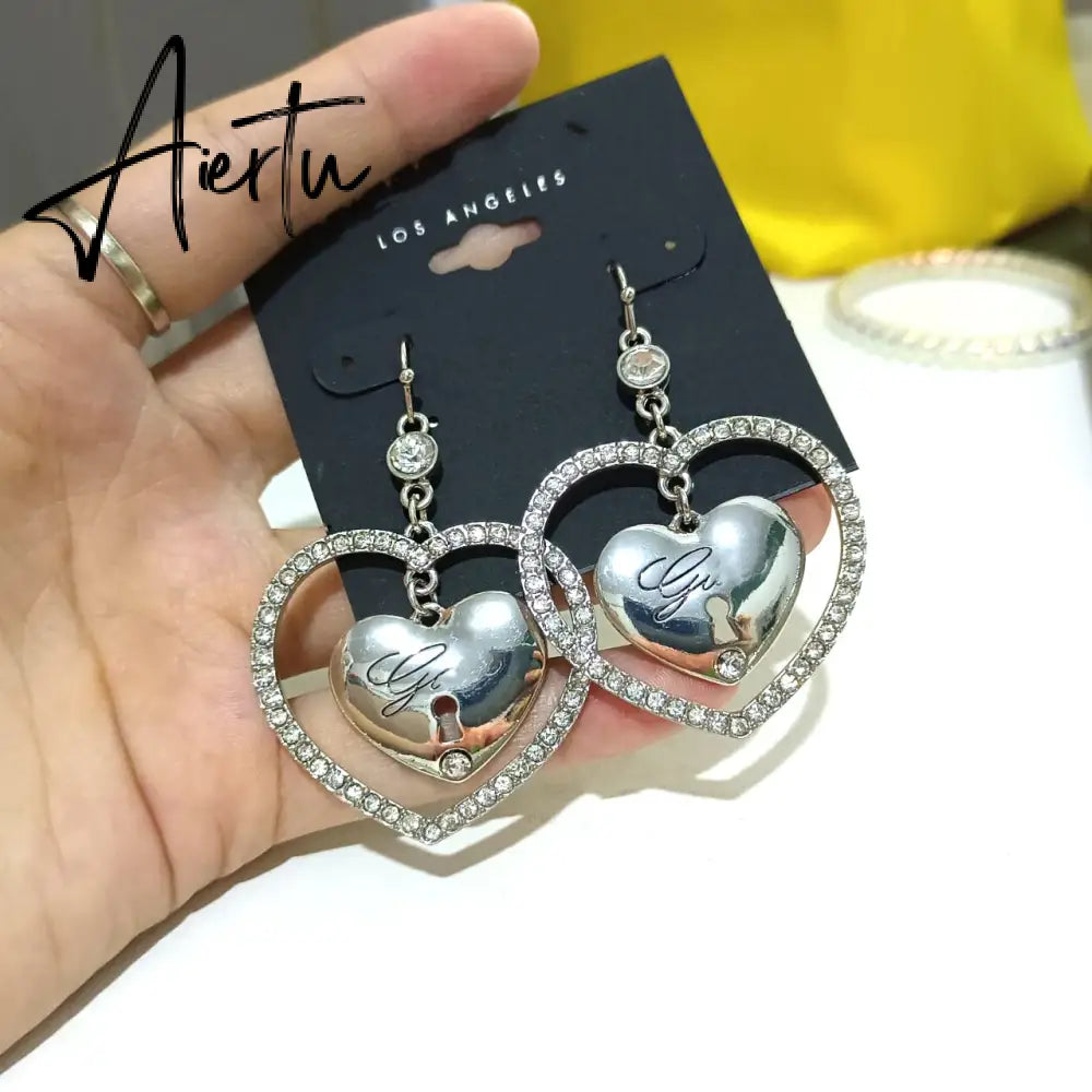 New Korean Shiny Heart Crystal Drop Earrings For Women Fashion Big Love Heart Boucle D'oreille Letter PartyJeweley Gift Aiertu