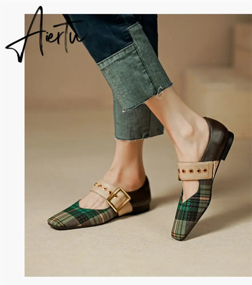 New Popular Plaid Comfortable Mary Janes Shoes Fashion Square Toe Buckle Strap Ladies Shoes Spring/Autumn Pumps Women Shoes Aiertu