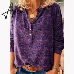 New Spring Blouses Women Vintage Print Shirt Long Sleeve Button Loose Oversized V-Neck Plus Size Casual Tops Autumn Clothes Aiertu