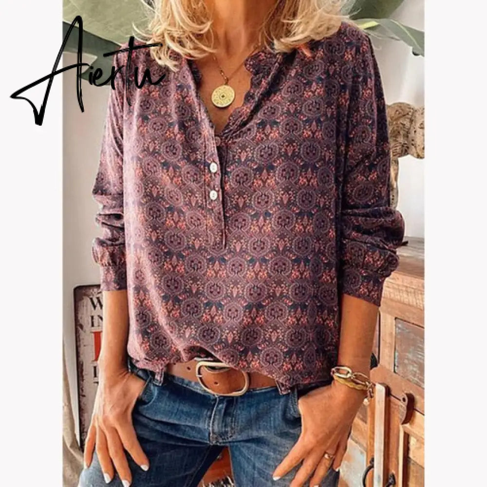 New Spring Blouses Women Vintage Print Shirt Long Sleeve Button Loose Oversized V-Neck Plus Size Casual Tops Autumn Clothes Aiertu