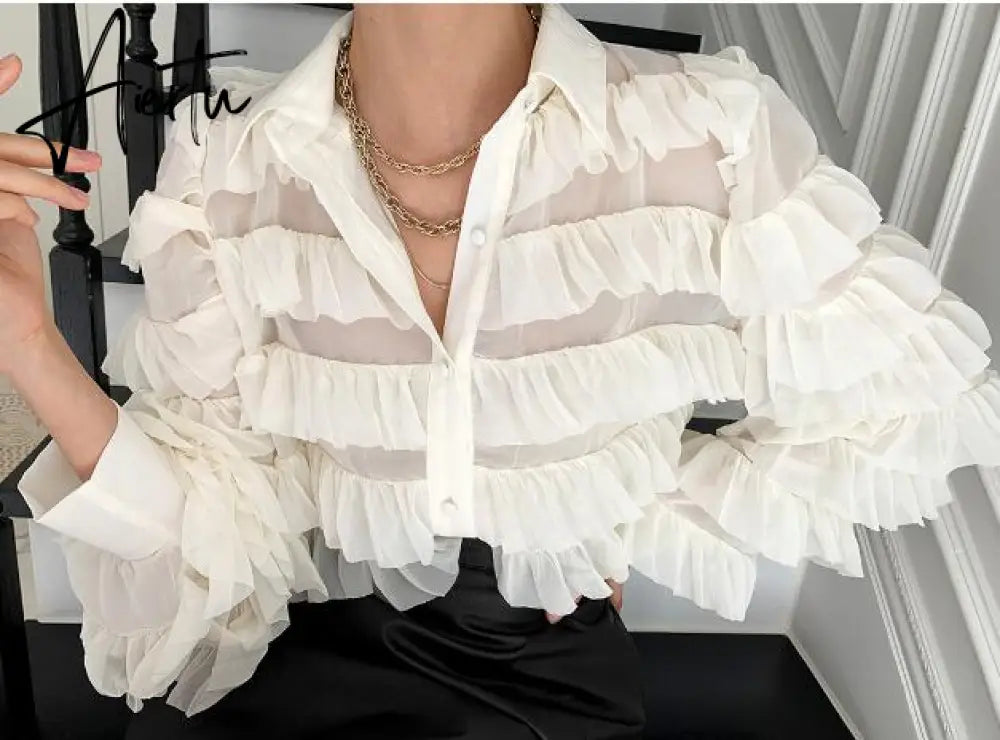 New Spring Korean Ruffles Blouse Women Turn Down Collar Long Sleeve Tops Loose Heavy Work Cupcake Ol Shirt Feminino Blusas Aiertu