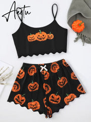 New Style Halloween Lady's Cartoon Pumpkin Print Camisole With Shorts Pajama Set Casual Home Wear Sleepwear Underwear Suits Aiertu