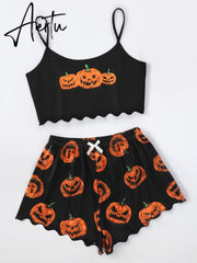 New Style Halloween Lady's Cartoon Pumpkin Print Camisole With Shorts Pajama Set Casual Home Wear Sleepwear Underwear Suits Aiertu