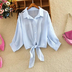 New Summer Half Sleeve Buttoned Up Shirt Loose Casual Blouse Chiffon Shirts Women Tied Waist Elegant Blouses for Women Aiertu