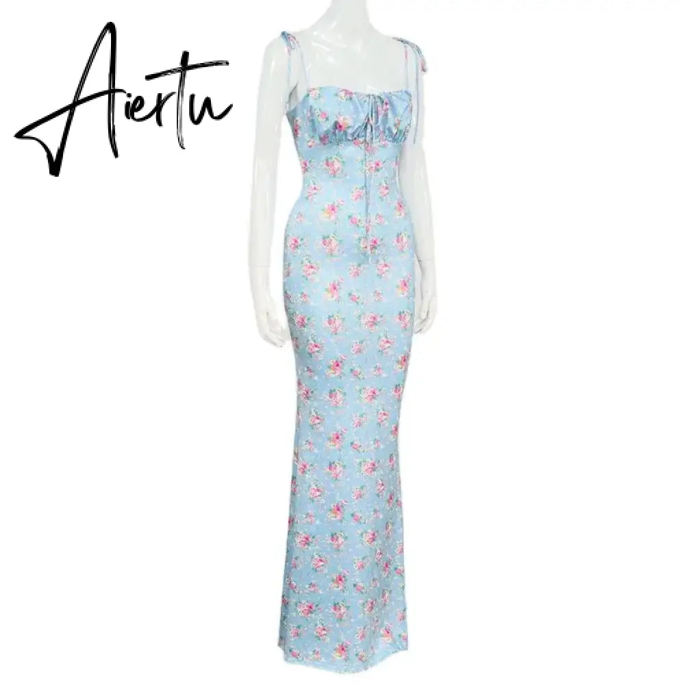 New Summer Woman Blue Floral Dress Sexy Backless Sleeveless Bandage Ruched Maxi Dresses for Women Party Chic Lady Clothes Aiertu