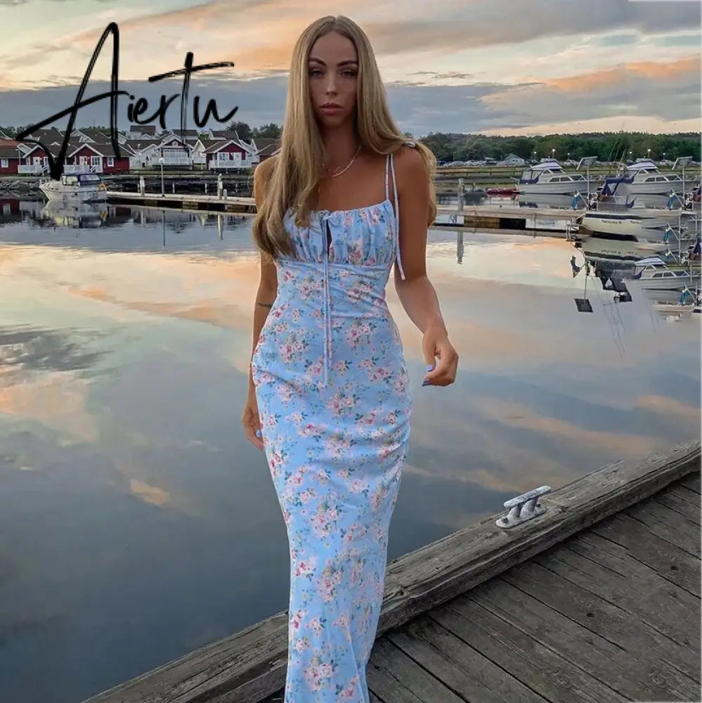 New Summer Woman Blue Floral Dress Sexy Backless Sleeveless Bandage Ruched Maxi Dresses for Women Party Chic Lady Clothes Aiertu