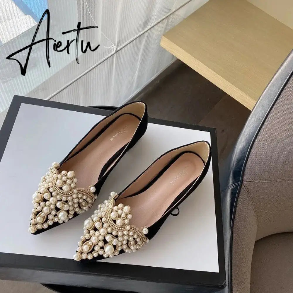 New Trend Pearl Ballet Flats Women Pumps Floors Shoes Without Heels Loafers Female Dress Moccasins Ladies Luxury Autumn PU Aiertu