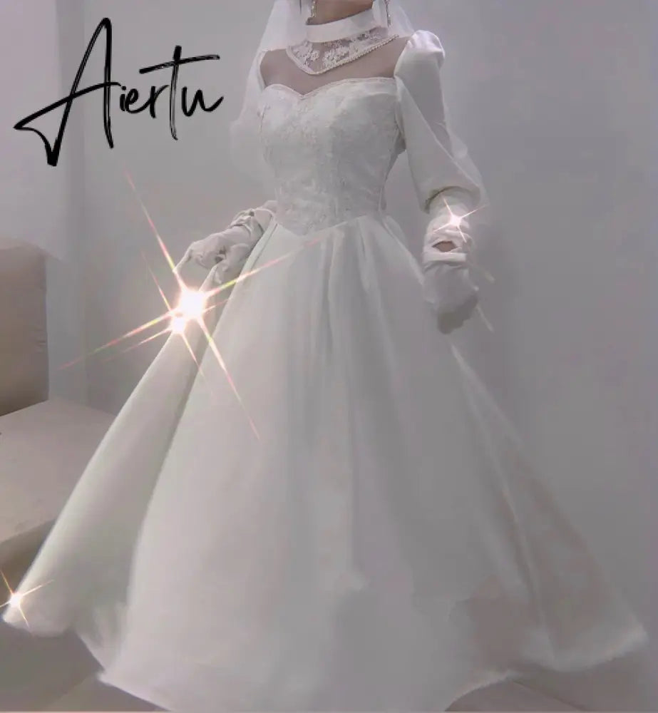 NEW Wedding Dress Tea Lenght Long Sleeves Lace High Neck Korean Style Robe De Mariage Wedding Gown Private Marriage платье белое Aiertu