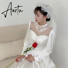 NEW Wedding Dress Tea Lenght Long Sleeves Lace High Neck Korean Style Robe De Mariage Wedding Gown Private Marriage платье белое Aiertu