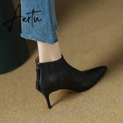 New Women ankle boots natural leather 22-24.5cm Embossed Fetal cowhide full leather modern boots high heel short boots Aiertu
