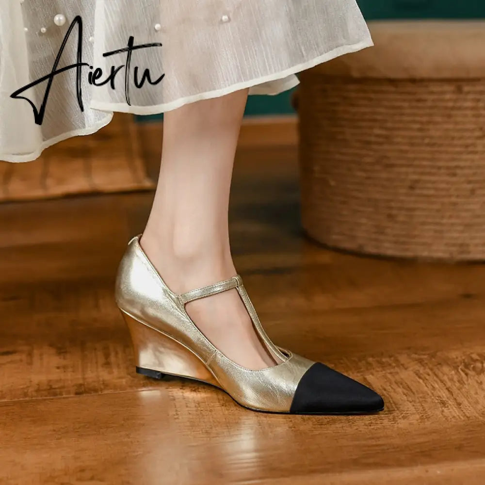 New Women's pumps Natural Leather 22-25cm Cowhide upper Wedge heel pointed toe stitching shoes Mary Jane shoes full leather Aiertu