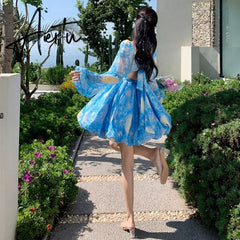 Oil Painting Print Dress Women French Chic Puff Sleeve V-neck Backless Tutu Skirt Summer Seaside Vacation Beach Dress Aiertu