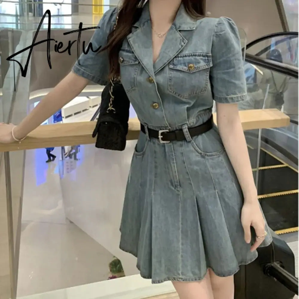 One Piece Denim Dress Korean Style Comfortable Short Sleeve Mini A-LINE Dresses Women Summer Clothing New Fashion Aiertu