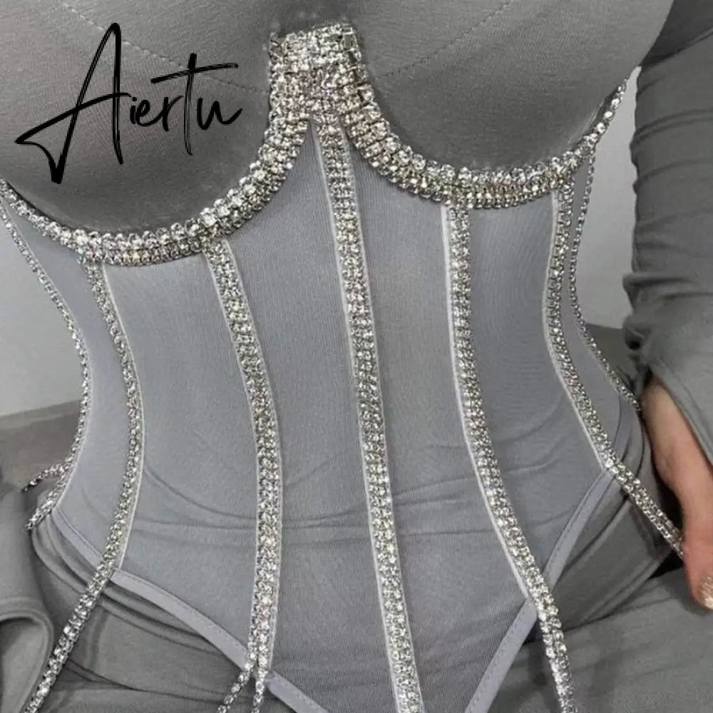 Outer Wear Trendy Halter Top Sequined Rhinestone Vest Suspenders Transparent Lace Corset Hot Girl New Style Tops for Women Aiertu