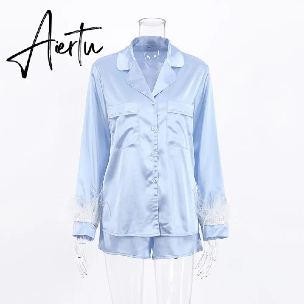 Pajamas For Women 2 Piece Set Feathers Long Sleeve Turn Down Collar Sleepwear Autumn Casual Night Suits With Shorts Satin Aiertu