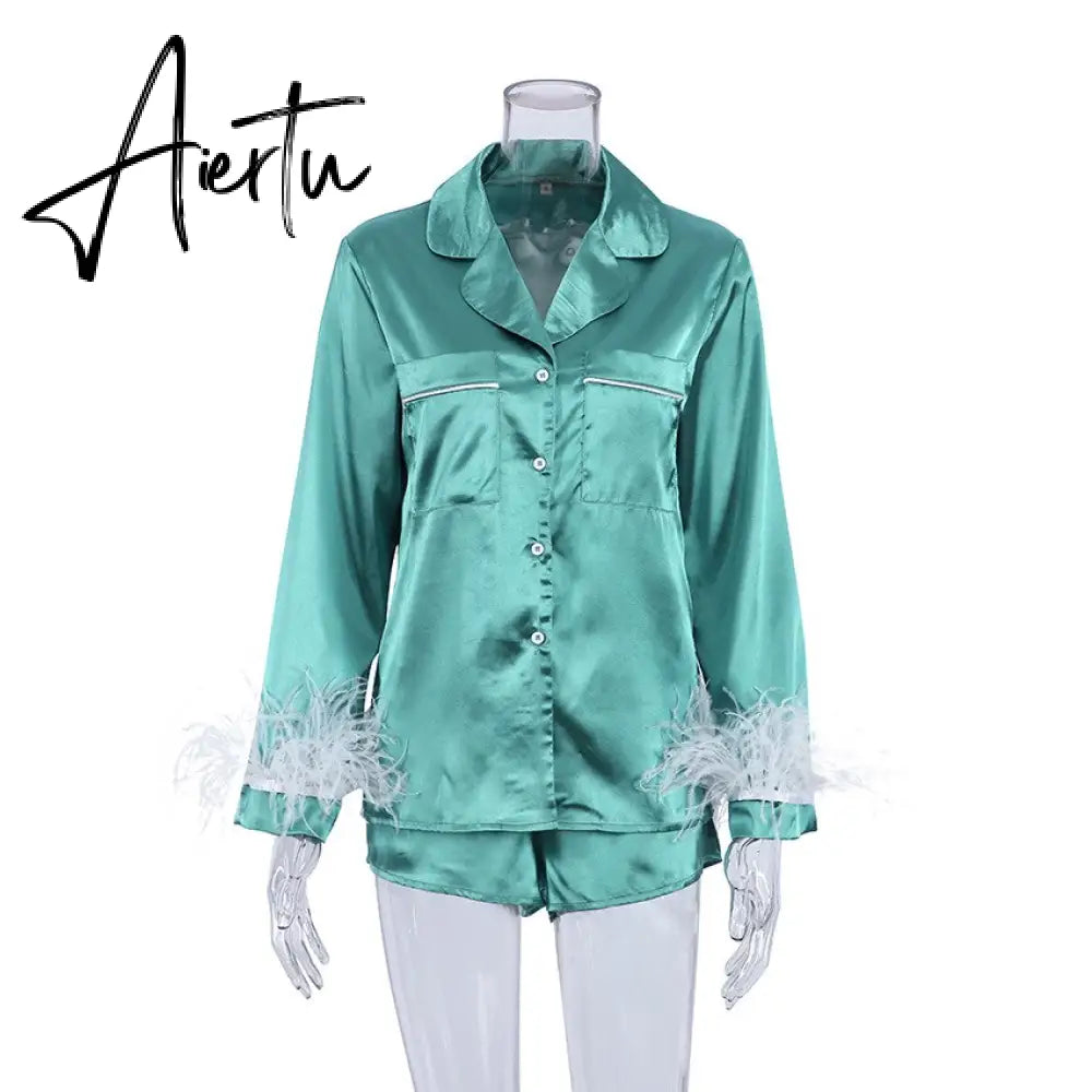 Pajamas For Women 2 Piece Set Feathers Long Sleeve Turn Down Collar Sleepwear Autumn Casual Night Suits With Shorts Satin Aiertu