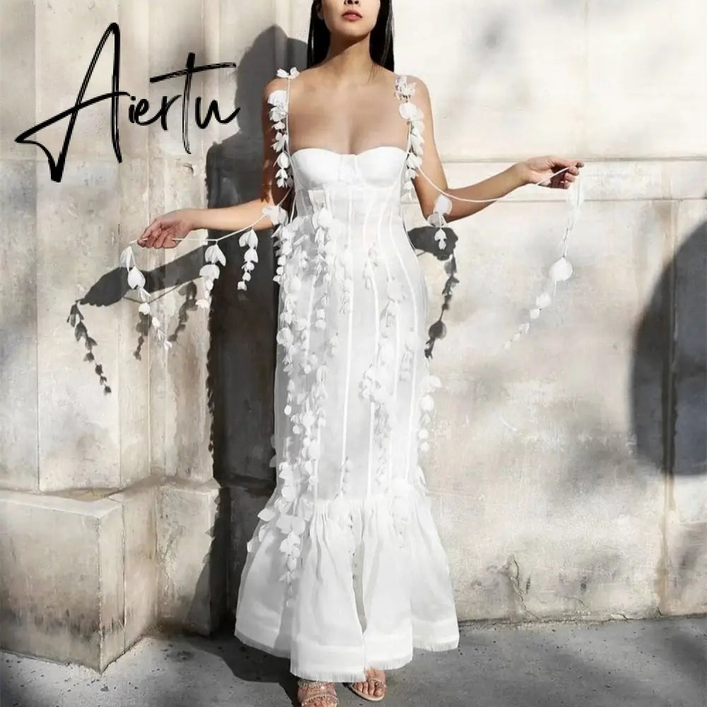 Party Dresses White Pretty Elegant Mermaid Prom Spaghetti Strap Sleeveless 3D Flowers With Chest Pad Appliques Women Dress Made Aiertu