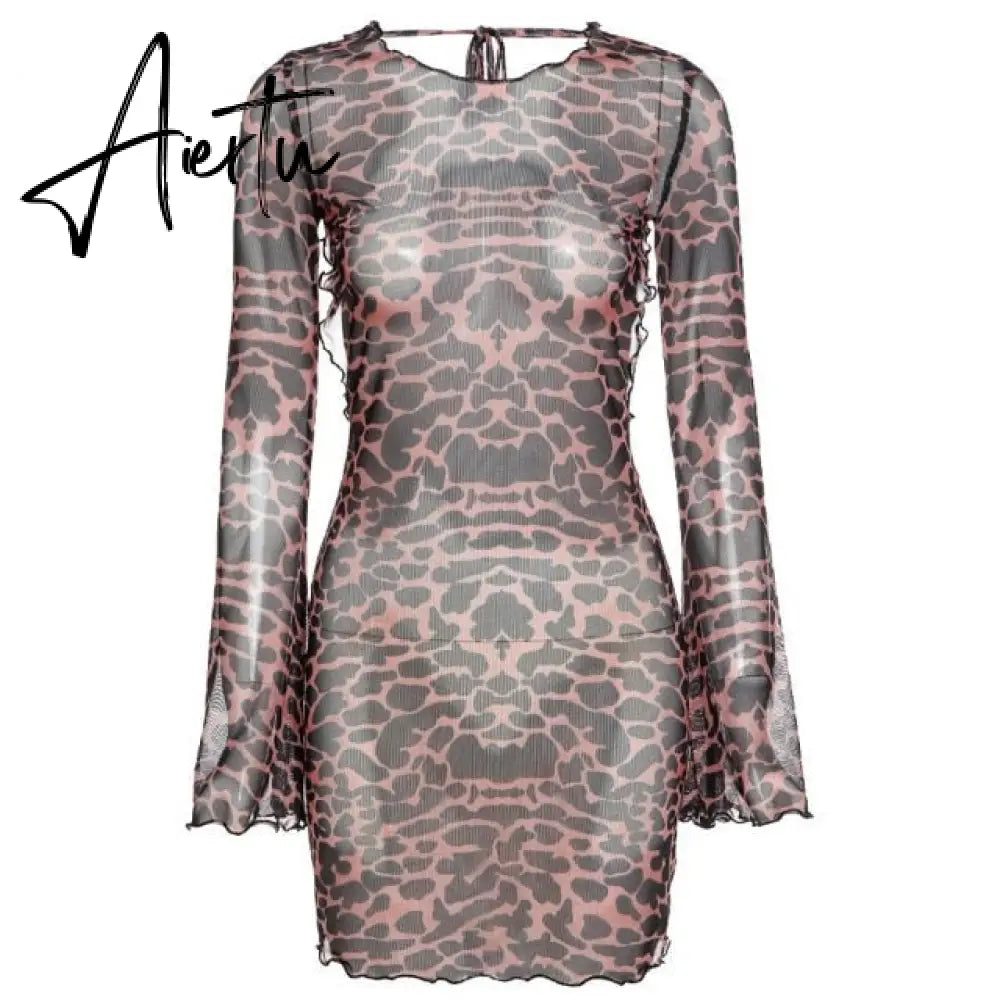 Party Night Sexy Leopard Backless See-Through Clubwear Women Clothing Flared Sleeves Lace Up Bodycon Mini Street Dresses Aiertu