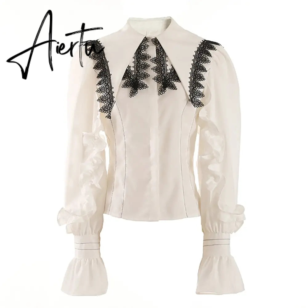 Patchwork Lace Shirts For Women Lapel Flare Sleeve Spliced Edible Tree Fungus Casual Blouse Female Fashion Clothing Aiertu