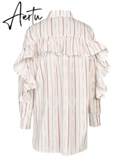Patchwork Ruffles Striped Shirts For Women Lapel Long Sleeve Spliced Button Irregular Casual Blouse Female Clothing Aiertu