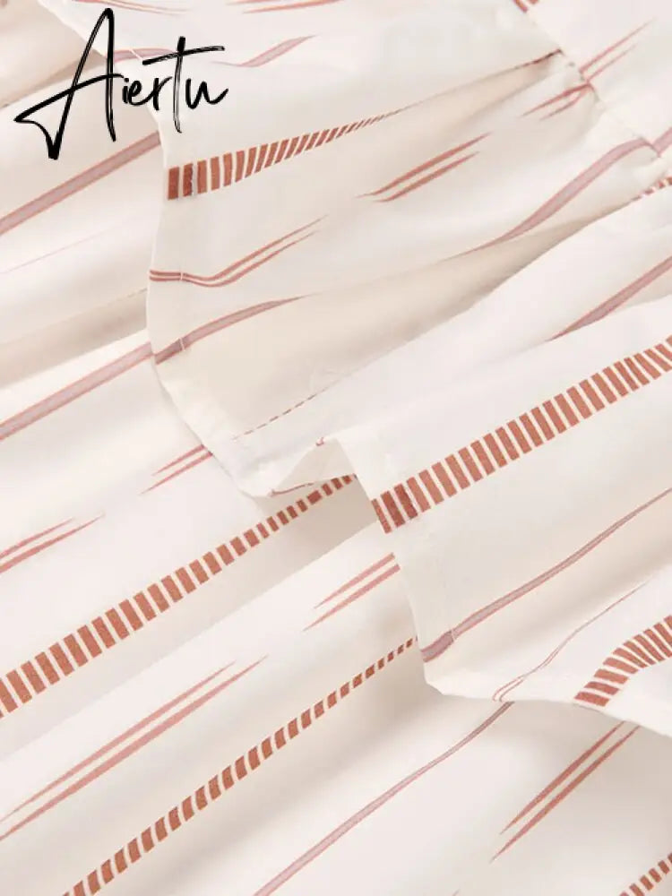 Patchwork Ruffles Striped Shirts For Women Lapel Long Sleeve Spliced Button Irregular Casual Blouse Female Clothing Aiertu