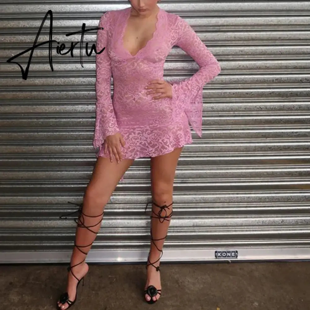 Pink Floral Lace Sheer Mini Dress Sexy See Through V Neck Flared Sleeve Wrap Bodycon 90s Vintage Y2K Grunge Dress Club Party Aiertu