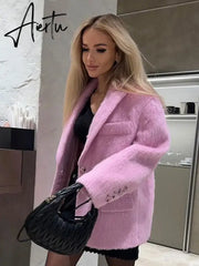Pink Lapel Woolen Elegant Women Autumn Winter Coat Long Sleeve Single Breasted Loose Oversized Jacket Chic Casual Outwears Aiertu