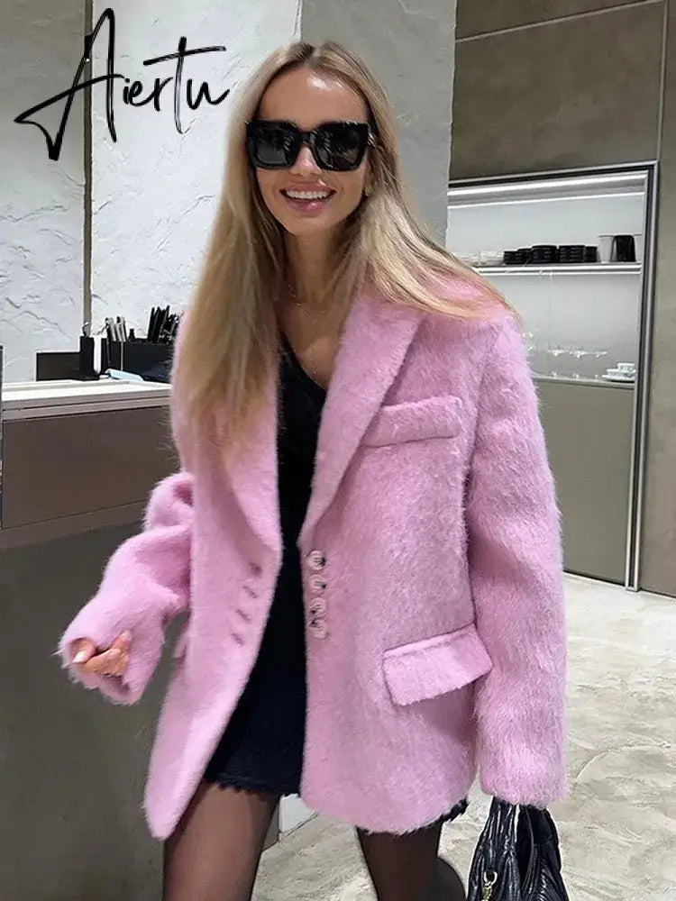 Pink Lapel Woolen Elegant Women Autumn Winter Coat Long Sleeve Single Breasted Loose Oversized Jacket Chic Casual Outwears Aiertu