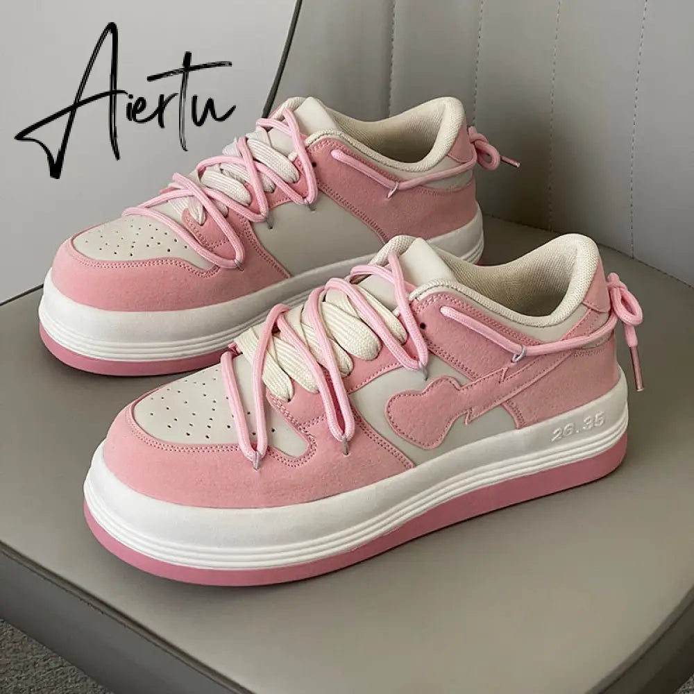 Pink Women Vulcanized Shoes Chunky Sneakers Women Flats New Design Sport Shoes Lace Up Women Shoes Fashion Walking Sneakers Aiertu