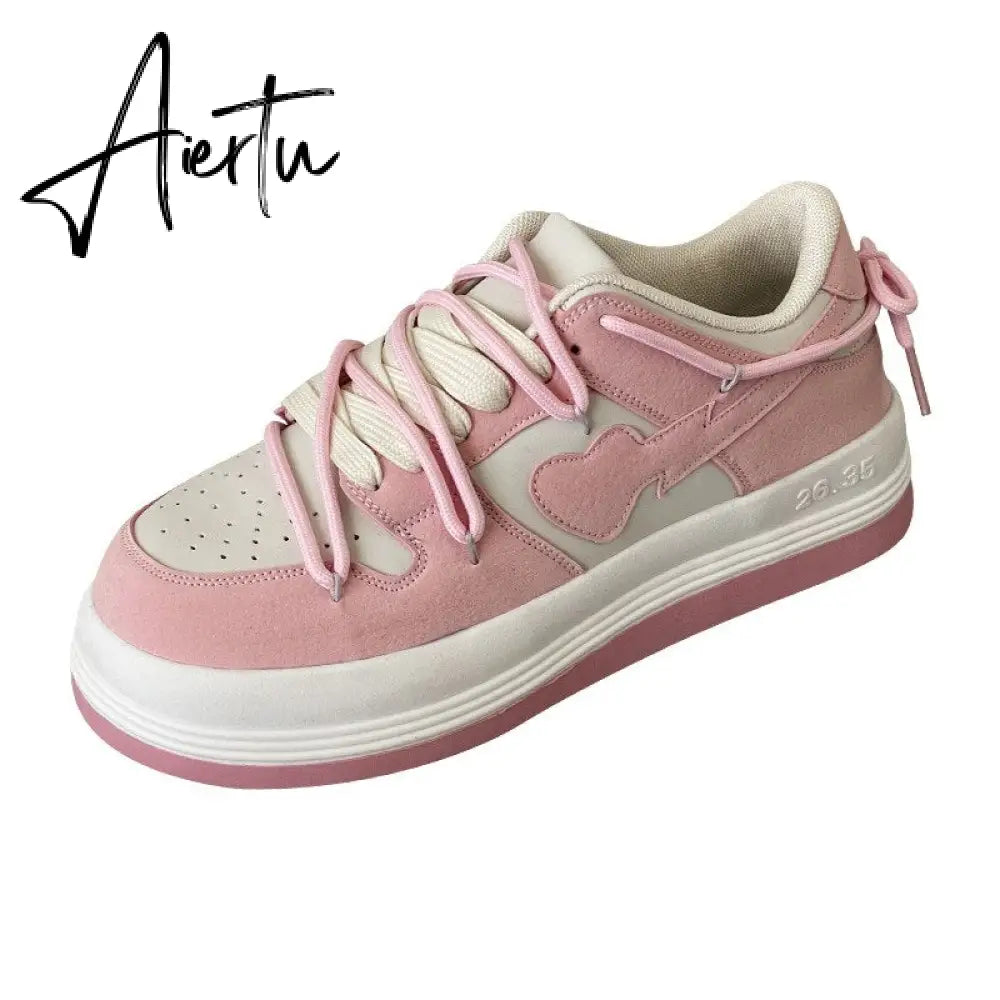 Pink Women Vulcanized Shoes Chunky Sneakers Women Flats New Design Sport Shoes Lace Up Women Shoes Fashion Walking Sneakers Aiertu