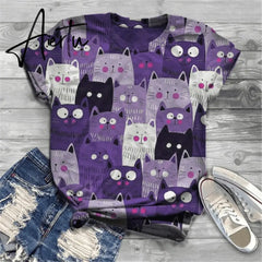 Plus Size Lovely Cat Print Short Sleeve T-shirt Women Round Neck Y2k Graphic Tee Top Clothing Animal Harajuku Tshirt Aiertu
