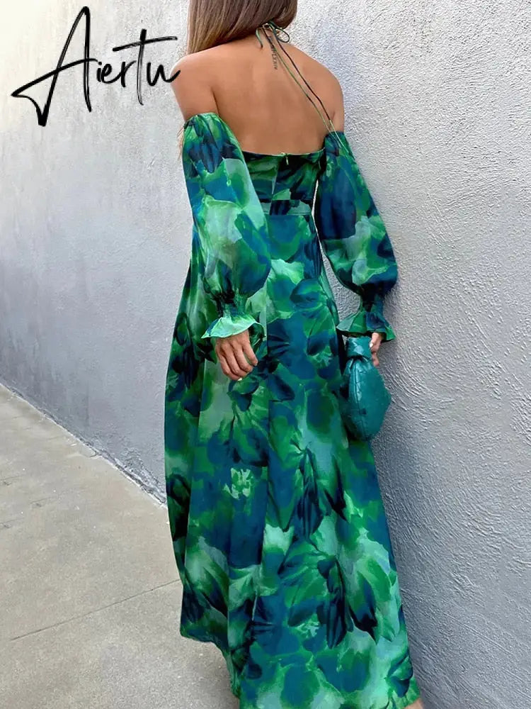 Pokiha Green Print Maxi Dress For Women Summer New Off-shoulder Backless Thigh High Split Printed Long Dress Vestidos Aiertu