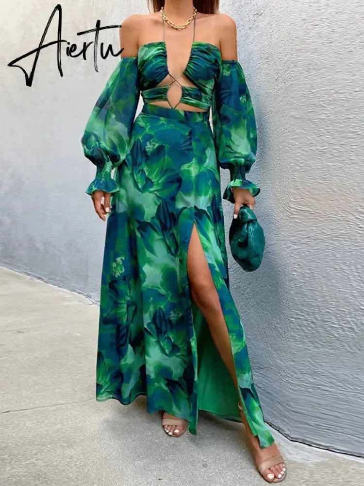 Pokiha Green Print Maxi Dress For Women Summer New Off-shoulder Backless Thigh High Split Printed Long Dress Vestidos Aiertu