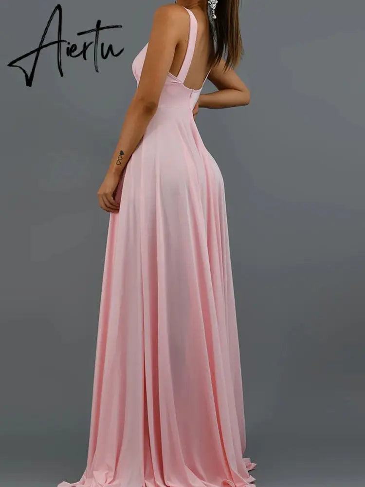 Prom Dress Women'S Clothing Elegant V-neck Solid Color Dress Sling Backless Pink Dress Slit Big Swing Evening Blue Dress Summer Aiertu