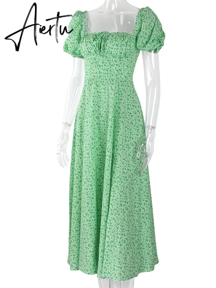 Puff Sleeve Flower Green Summer Split Long Dress Women Sexy Vacation Floral Sundress Outfits Holiday Midi Dress Aiertu