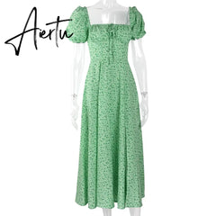 Puff Sleeve Flower Green Summer Split Long Dress Women Sexy Vacation Floral Sundress Outfits Holiday Midi Dress Aiertu
