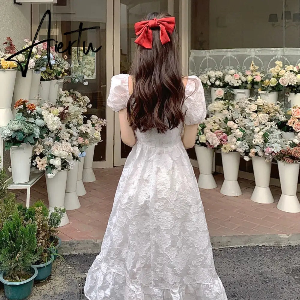 Puffer Sleeve Elegant Midi White Dresses Women One Piece Dress Korean Fahion Evening Vintage Party Dress Females  Summer Aiertu