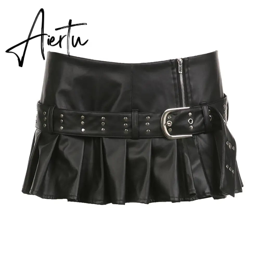 Punk Slit Mini Leather Skirt with Belt Summer Low Rise Loose Sexy Super Short PU Pleated Skirts Women y2k Gothic Outfits Aiertu