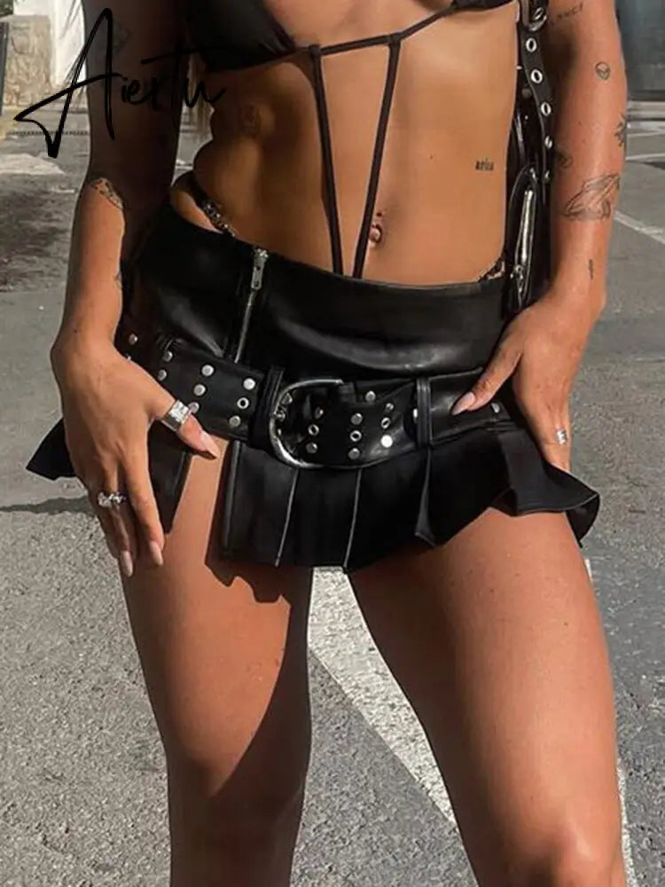 Punk Slit Mini Leather Skirt with Belt Summer Low Rise Loose Sexy Super Short PU Pleated Skirts Women y2k Gothic Outfits Aiertu