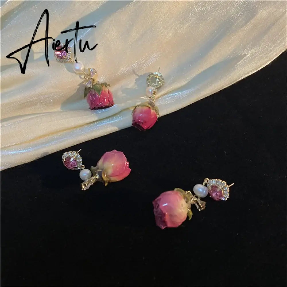 Retro Natural Real Flower Eternal Flower Earrings Niche Design Sense Freshwater Pearl Femaleaint For Women Long Earrings Jewelry Aiertu