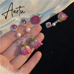 Retro Natural Real Flower Eternal Flower Earrings Niche Design Sense Freshwater Pearl Femaleaint For Women Long Earrings Jewelry Aiertu