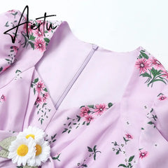 Retro Palace Pink Daisy Print Silk Party Dress Puff Sleeve Female Elegant Maxi Dresses Beach Women Square Collar Holiday Robe Aiertu
