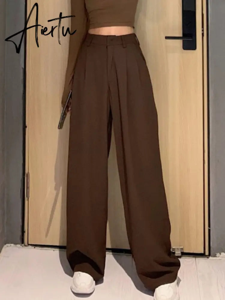 Retro Solid Color Wild Straight Wide Leg Pants Female Spring New Korean Fashion High Waist Casual Long Pants Aiertu