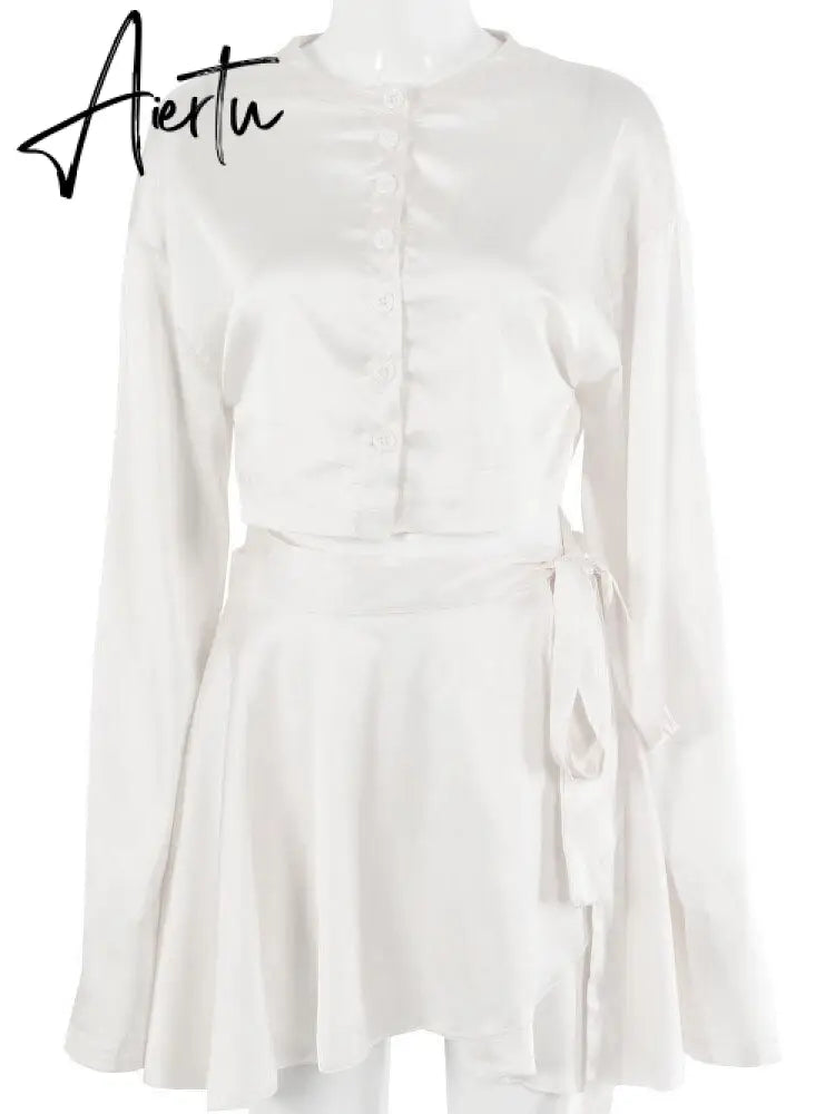 Satin Lantern Long Sleeves Skirt Blouse Set Elegant Lace Up High Waist White Tops Suits Women Sexy Sports Style Streetwear Aiertu