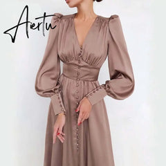Satin Long Dress Women Puff Sleeve Spring V-Neck Party Pleated Dress Casual Elegant Bodycon Dress Ladies Chic Ruched Dresses Aiertu