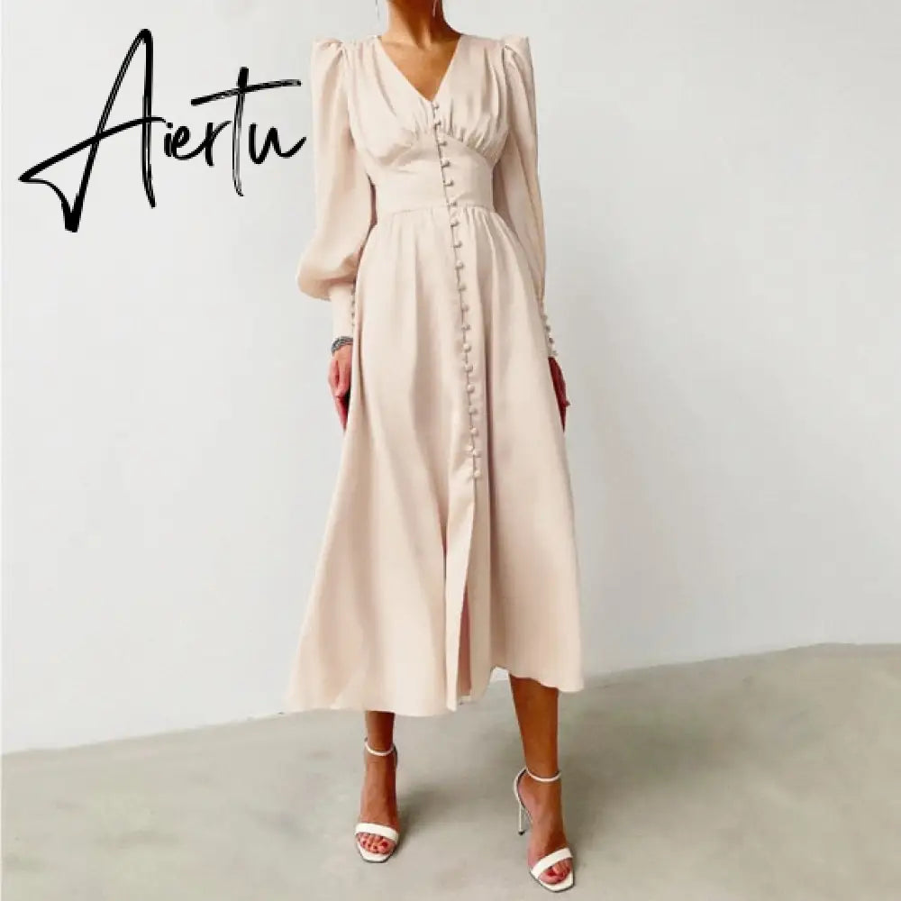 Satin Long Dress Women Puff Sleeve Spring V-Neck Party Pleated Dress Casual Elegant Bodycon Dress Ladies Chic Ruched Dresses Aiertu
